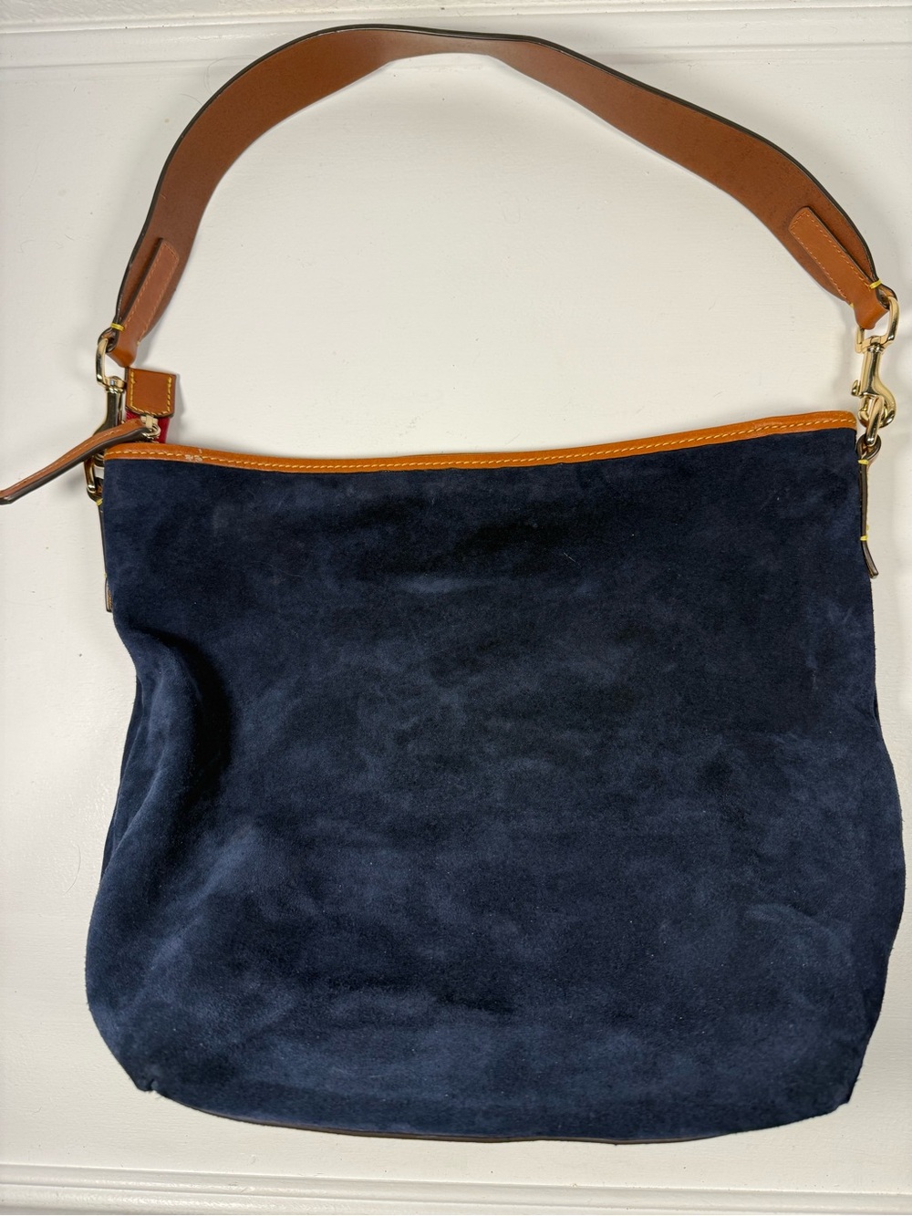 Dooney & Bourke Navy Suede Shoulder Bag with Tan Trim and Red Accent - Picture 3 of 6